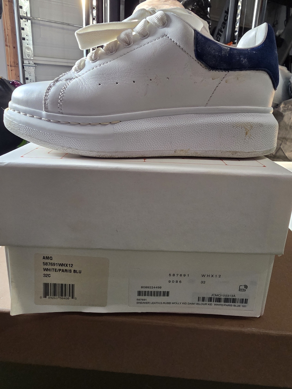 Alexander McQueen White Leather Kids Sneakers with Navy Heel